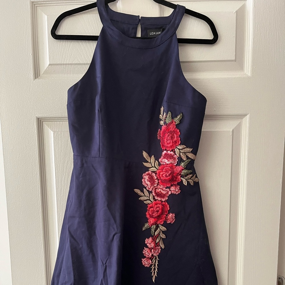 NWT! Modcloth Liza Lux Navy A-Line Dress with Embroidered Flower Detail
